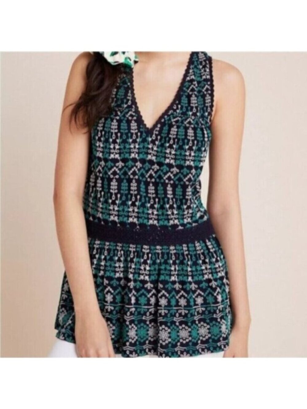NWT Anthropologie X Maeve Green & White Cammie Embroidered Peplum Top Size XS